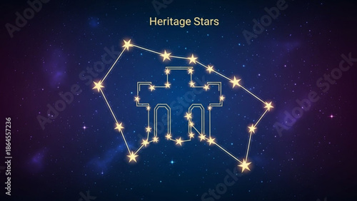A starry night sky with a constellation in the shape of a camera, glowing yellow stars and a dark blue background with purple hues, heritage stars