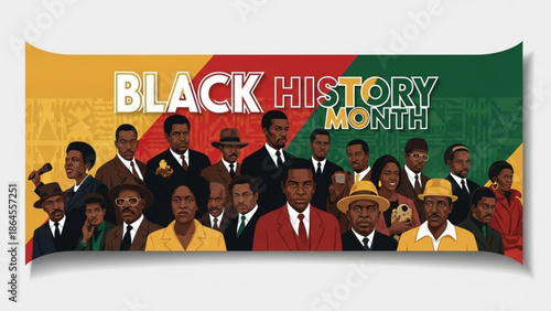 Black history month celebration with diverse group of african american historical figures in colorful banner with diversity and inclusion and equality