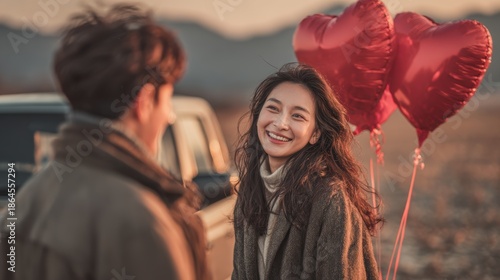 Young couple in love holding a heart balloon,car and camping travel romantic,kissing,anniversary wedding,Valentine day,Romantic evening together,Love symbol concept.