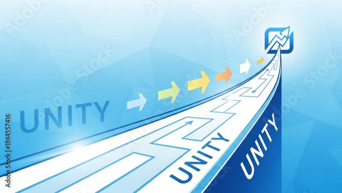 Unity concept with road and arrows leading to success and growth in business and teamwork, symbolizing harmony and cooperation with partnership