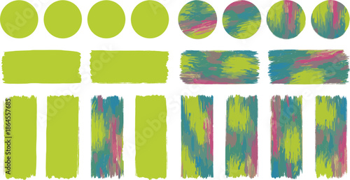 Colorful paint brush stroke shapes vector set with abstract circles and rectangles for creative design projects