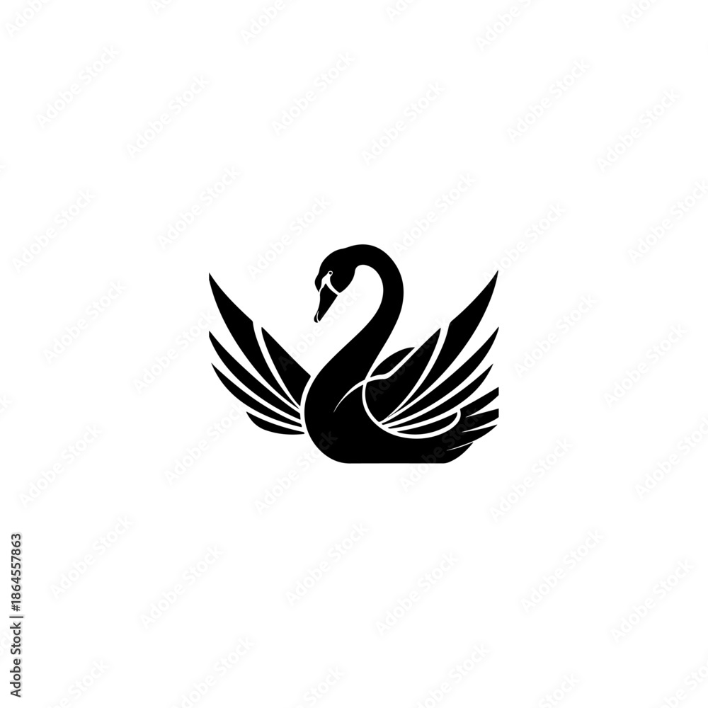 Obraz premium Elegant swan displays magnificent wing feathers in a stylized black silhouette over white 