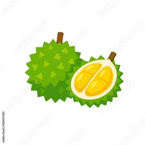 Flat vector icon of a durian fruit, whole durian with spiky texture simplified, bright green and yellow flat colors