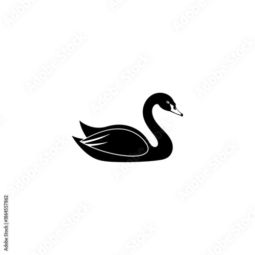Elegant swan displays magnificent wing feathers in a stylized black silhouette over white 