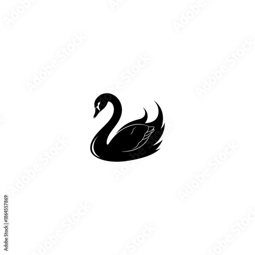 Elegant swan displays magnificent wing feathers in a stylized black silhouette over white 