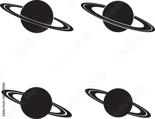 Four black hole silhouettes with rings on white background