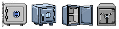 Set of pixel vault bank vector for security games. Ideal for safes, money storage, locked doors, steel boxes, and retro 8-bit treasure icons.