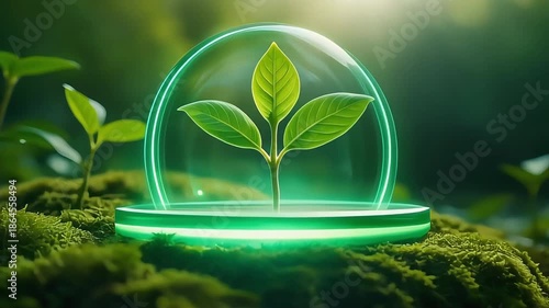 Young green plant protected under glowing glass dome, expressing sustainability, growth, and eco innovation for environmental business, clean technology, and future life concepts.