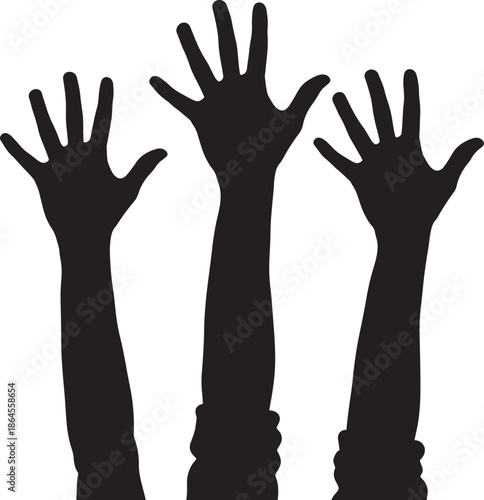 Three black silhouettes of raised hands with palms facing forward