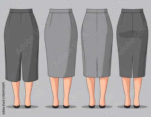 Illustration showcases four gray skirts, each with a different hemline and style on a female form, with visible legs