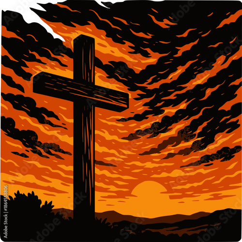 Cross silhouetted against a glowing sunset sky with a religious and spiritual atmosphere