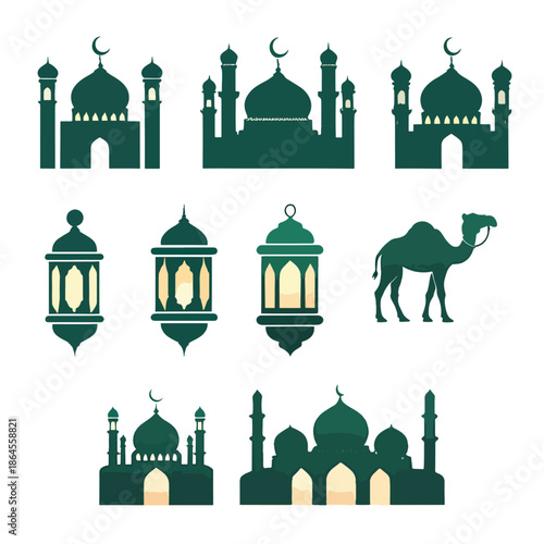 Minimalist emerald green Ramadan icon set with mosque, Ramadan lantern, and camel