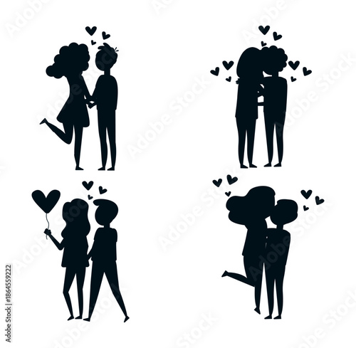Romantic silhouettes of couples in various poses
