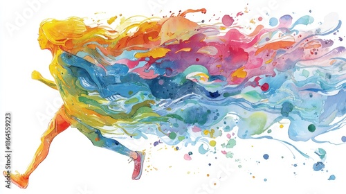Abstract watercolor runner dynamic movement and colorful energy