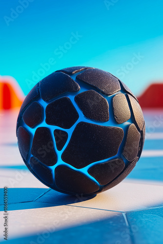 Textured soccer ball on geometric surface with blue sky