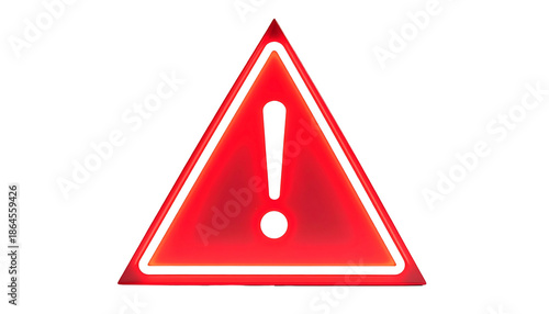 Illuminated red hazard symbol, a glowing triangle with an exclamation mark, isolated on a black background, signifying danger