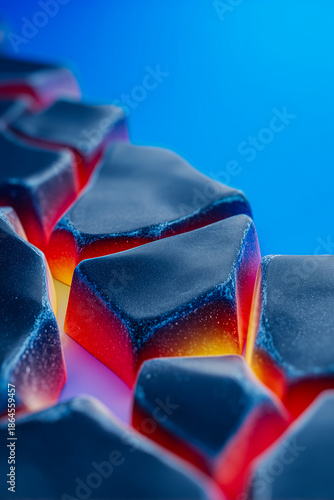 Blue hexagonal shapes with colorful glowing crack patterns inside