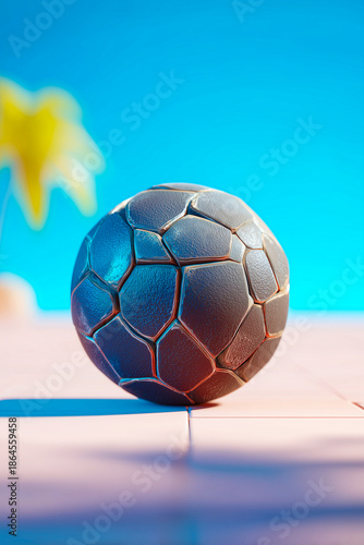 Beach sand soccer ball with blurred palm tree background sky