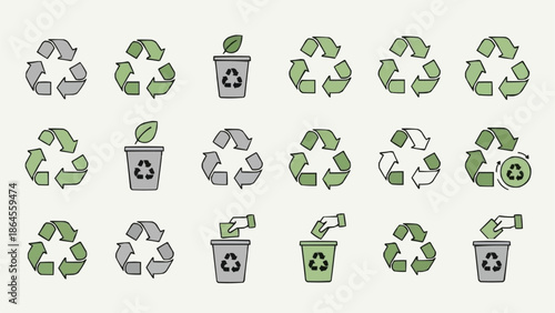 Collection of Recycling Symbols and Bins for Environmental Awareness.