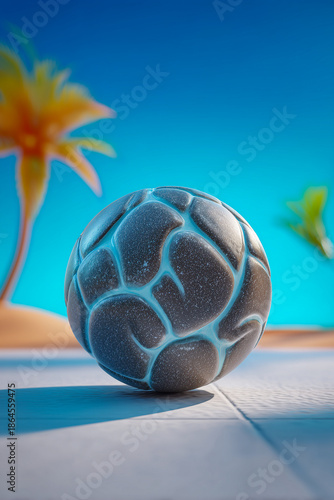 Beachside serenity captured with textured sphere and palm silhouette