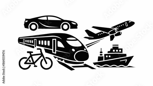 Diverse Transportation Methods - Car, Airplane, Train, Bicycle, and Boat Illustration.