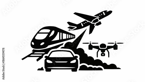 Diverse Transportation Methods - Car, Train, Airplane, and Drone Illustration.