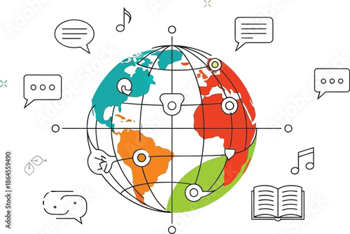 Stylized colorful globe representing worldwide communication and global connection symbolized by various interconnected digital and cultural icons.