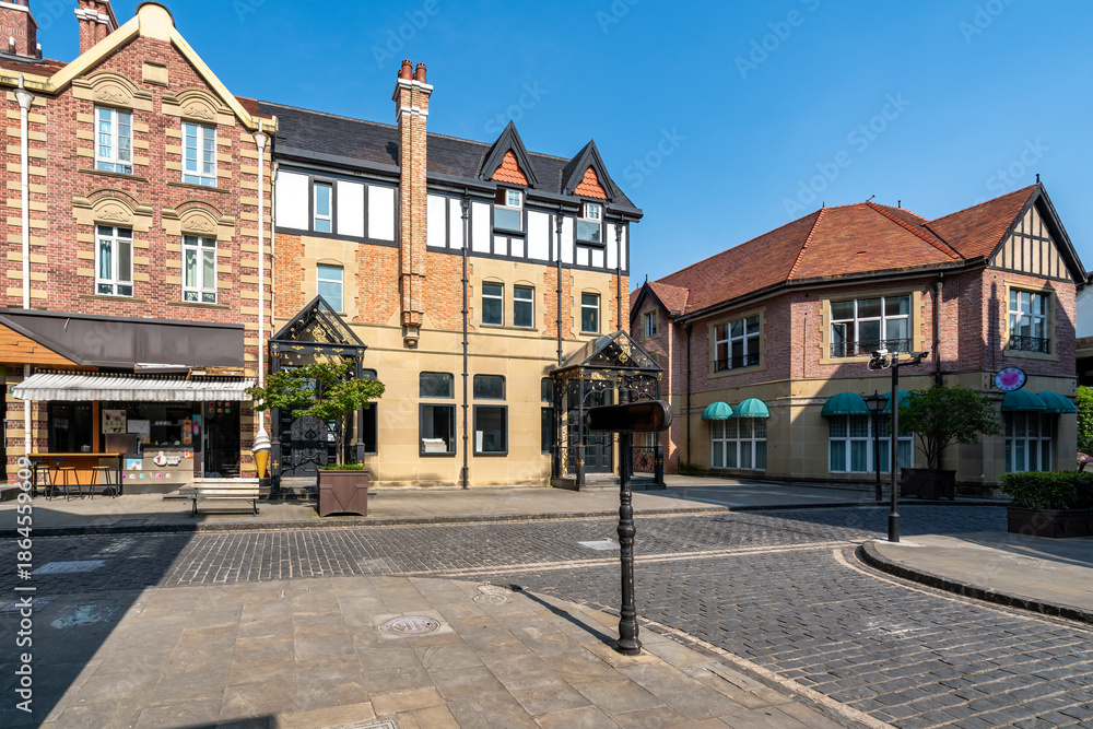 Obraz premium Quaint European-style Buildings in a Cobblestone Square