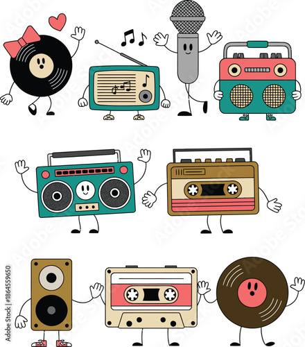 Colorful musical equipment characters dancing and playing music