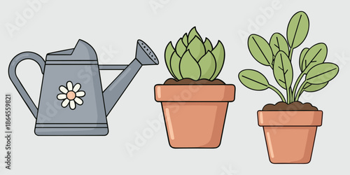Cute Gardening Illustration with Watering Can and Potted Houseplants Succulent