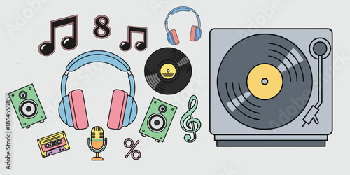 Music Icons Illustration with Turntable, Vinyl Record, Headphones, Microphone, Cassette, Speakers, and Notes