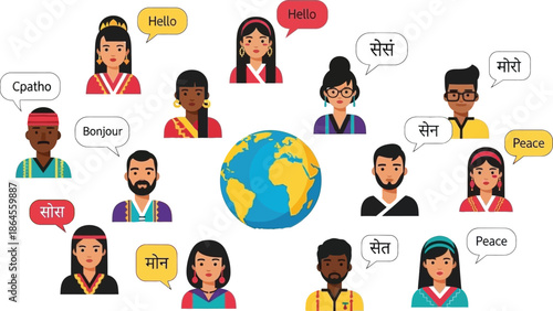 Diverse global community members connecting and communicating across different cultures surrounding a central earth icon symbolizing worldwide understanding and connection.