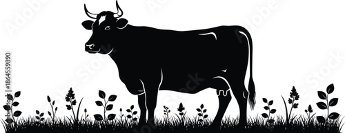 Black cow silhouette vector illustration standing on grass with plants, farm animal design, rural agriculture concept, livestock artwork for nature and farming themes