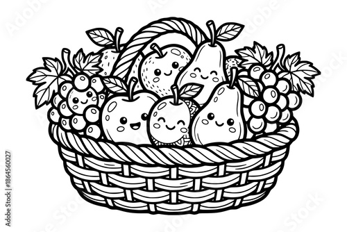 A basket filled with cute cartoon fruits such as apples, pears, and grapes, each with happy expressions. Kids coloring book with simple line art to support creativity, motor skills