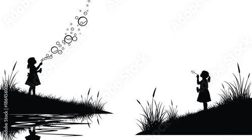 Children blowing soap bubbles silhouette scene, girls playing near river grass landscape, peaceful childhood imagination concept, black vector illustration