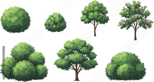 Green bushes and small trees vector set isolated on white for landscape garden and nature illustration