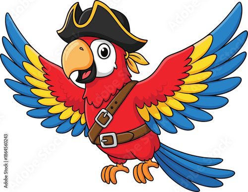 Colorful pirate parrot cartoon illustration with wings spread, tropical macaw character, adventure mascot, kids design, isolated vector artwork clip art