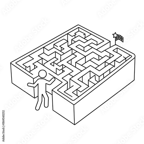 Man navigating 3D maze to reach flag goal.