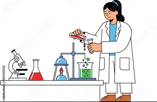 Female scientist carefully mixing red and green liquids between two test tubes during a colorful chemistry experiment at her laboratory bench