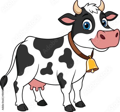 Cute cartoon cow illustration with bell collar, smiling dairy animal character, farm livestock mascot, colorful vector design for children branding