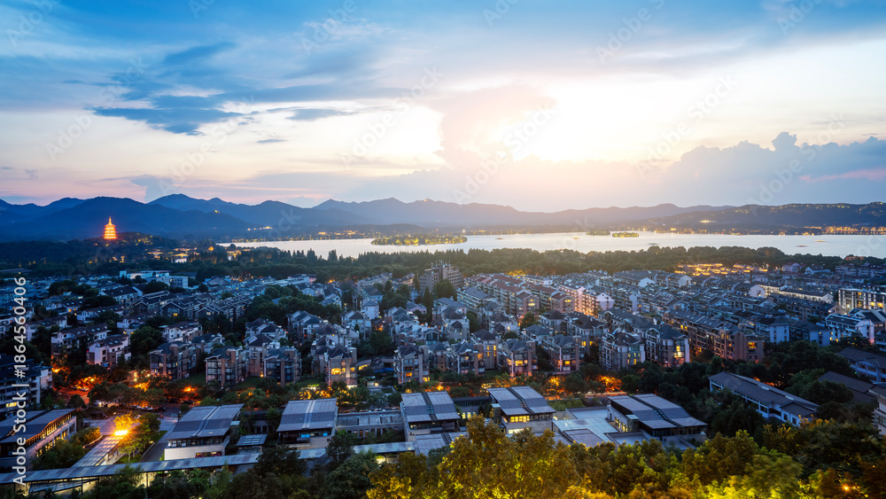 Fototapeta premium Aerial View of Hangzhou City at Dusk