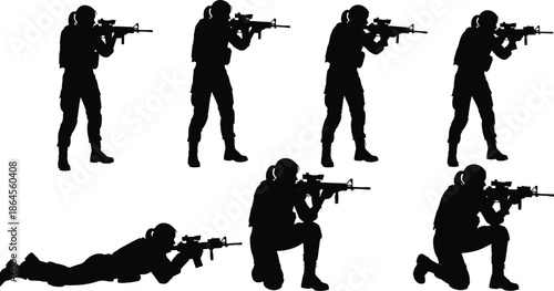 Female soldier silhouettes aiming rifles in standing kneeling and prone positions, modern military combat training poses set, tactical army black vector illustration