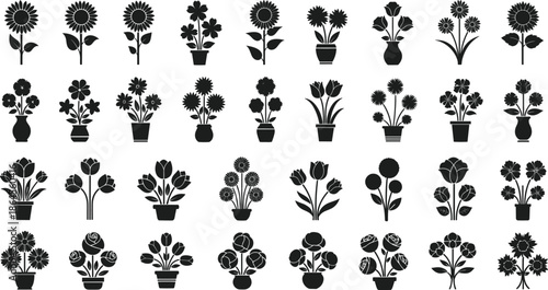 Flower and potted plant silhouettes collection, black botanical icons set, decorative floral vector illustration isolated for garden home decor 