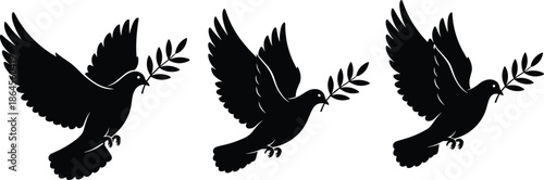 Flying dove silhouettes holding olive branches, peace symbol birds set, freedom hope concept, black vector illustration isolated on white background