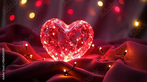 Faceted crystal heart with a red glow, surrounded by soft bokeh lights, creating a warm and romantic atmosphere