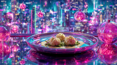 A plate of food is placed on a table with bright city lights in the background. Colorful orbs hang around, adding a festive atmosphere to the setting.
