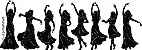 Elegant female dancer silhouettes in flowing dresses, graceful ballet and contemporary dance poses collection, artistic movement fashion performance black vector illustration