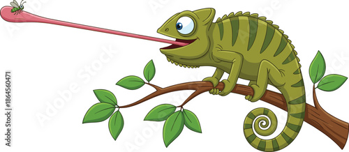 Funny cartoon chameleon vector illustration catching insect with long tongue, colorful reptile character on branch, wildlife animal design for kids