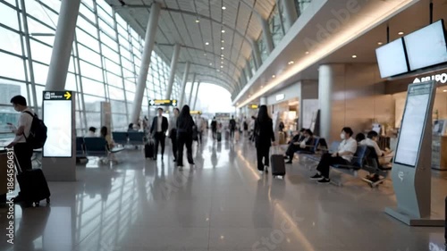 People walking and sitting in a modern airport terminal with large windows and sleek architecture