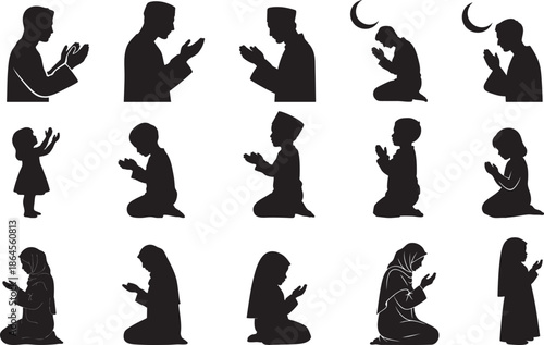 Muslim Prayer and Dua Silhouette Icon Set